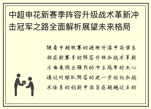 中超申花新赛季阵容升级战术革新冲击冠军之路全面解析展望未来格局 中超申花新赛季阵容升级战术革新冲击冠军之路全面解析展望未来格局