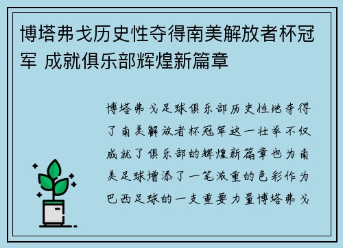 博塔弗戈历史性夺得南美解放者杯冠军 成就俱乐部辉煌新篇章